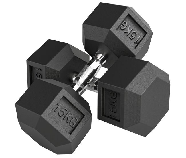 Homcom conjunto de 2 halteres hexagonais de 15 kg (30 kg total) com pega metálica anti-deslizante pesos para treino em casa ou no ginásio estável noir e argenté