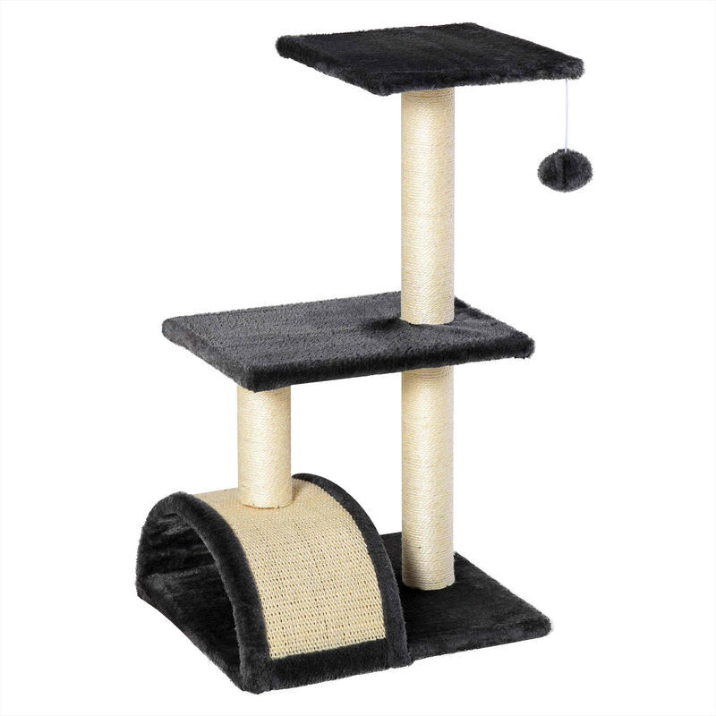 Pawhut árvore para gatos média, arranhador de 3 níveis com tapete arranhador em arco, 2 plataformas, postes de sisal e bola pendurada, cinza carvão