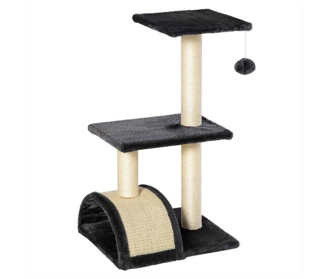 Pawhut árvore para gatos média, arranhador de 3 níveis com tapete arranhador em arco, 2 plataformas, postes de sisal e bola pendurada, cinza carvão