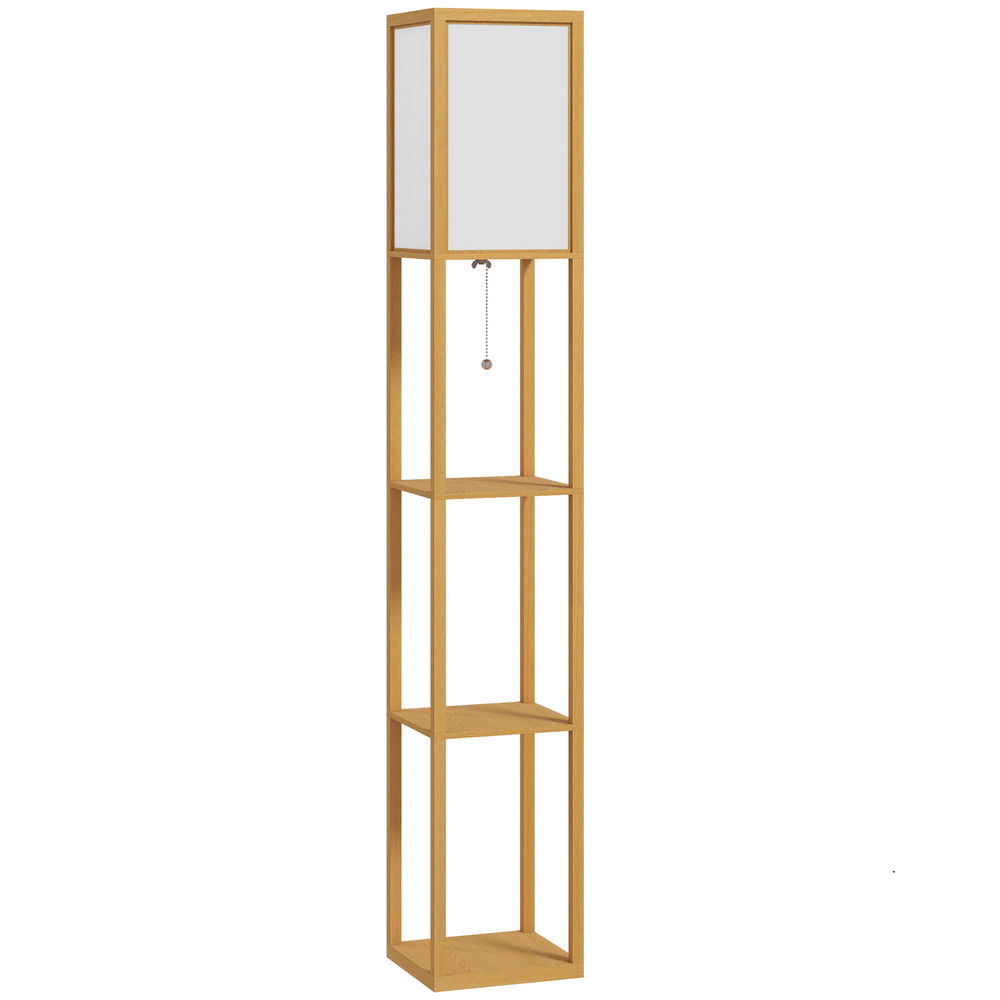 Homcom candeeiro de pé de madeira com 3 étagères de armazenamento para lâmpada e27 potência máx. 40w candeeiro moderno para sala de estar dormitório 26x26x160 cm madeira e blanc