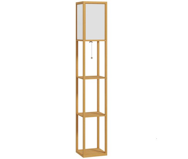 Homcom candeeiro de pé de madeira com 3 étagères de armazenamento para lâmpada e27 potência máx. 40w candeeiro moderno para sala de estar dormitório 26x26x160 cm madeira e blanc