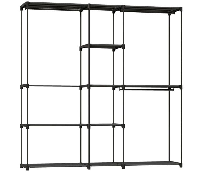 Homcom armário para roupas 182x43x185 cm armário aberto com 8 prateleiras de tecido barras para pendurar estrutura de metal para quarto sala vestiário