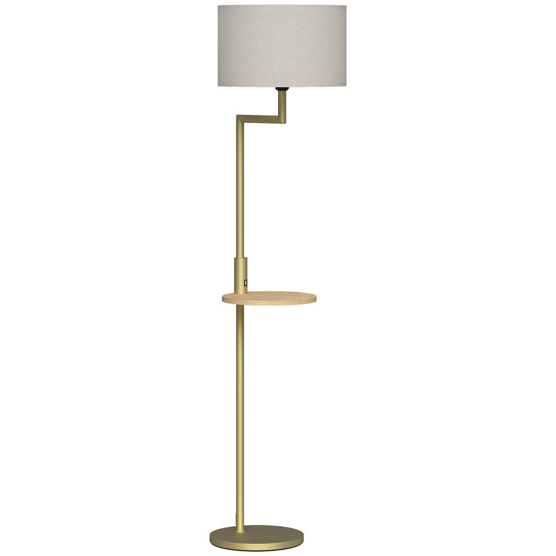 Homcom candeeiro de pé com mesa auxiliar candeeiro com étagère lâmpada e27 máx. 40w com ecrã de linho interruptor de corrente e carregador usb para sala de estar ø40x170 cm doré