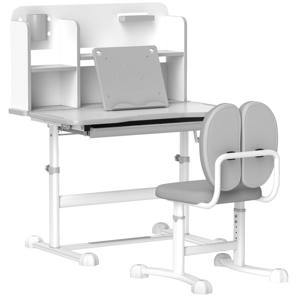 Aiyaplay conjunto de secretária e cadeira para enfants acima de 3 anos secretária infantil altura ajustável com tampo inclinável gaveta e étagères encosto acolchoado, para livros 80x55x107,5 cm gris