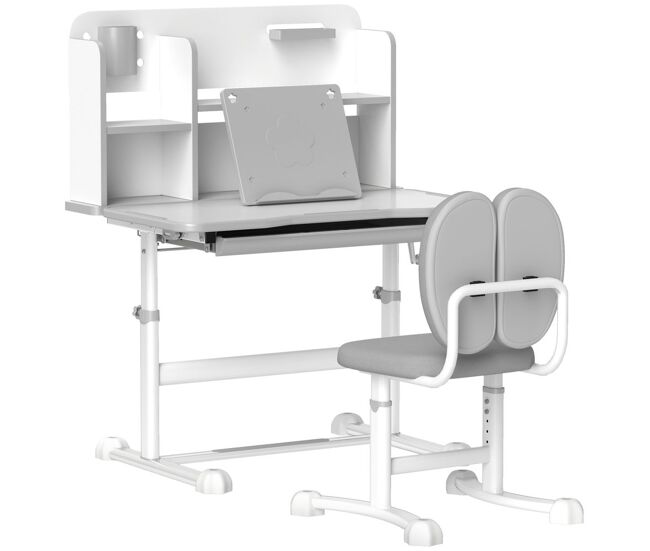 Aiyaplay conjunto de secretária e cadeira para enfants acima de 3 anos secretária infantil altura ajustável com tampo inclinável gaveta e étagères encosto acolchoado, para livros 80x55x107,5 cm gris