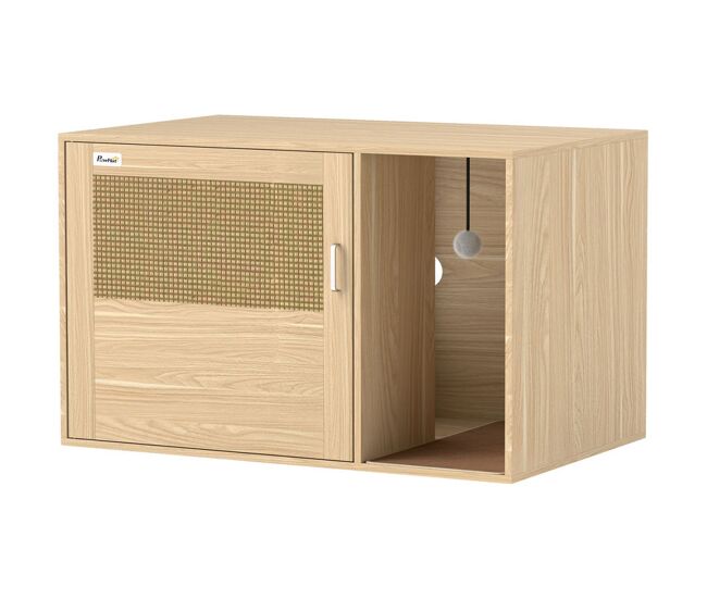 Pawhut móvel caixa de areia para gatos caixa de areia para gatos com tapete de arranhar e porta de vime móvel auxiliar com caixa de areia para gatos para sala de estar 80x50x50 cm blanc