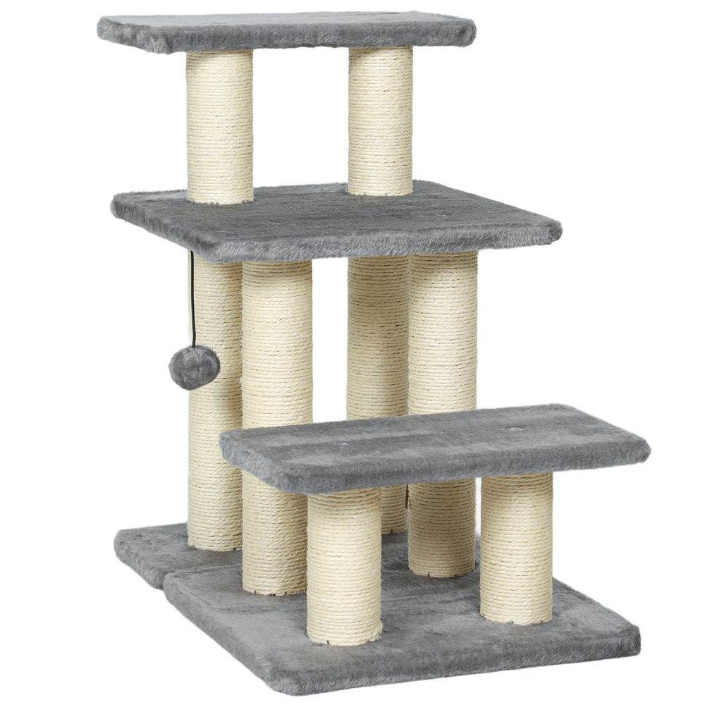 Pawhut escada para gatos de 3 degraus escada para animais de estimação estrutura ajustável com postes para arranhar, bola pendurada carga 10 kg para