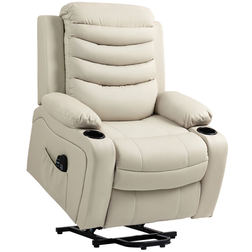 Homcom poltrona relax reclinável électrique elevatória com massagem vibratória e aquecimento poltrona elevatória com porta usb controlo remoto apoio para pés estofada em pu bolsos laterais creme