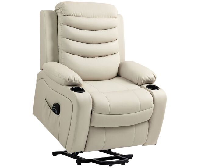 Homcom poltrona relax reclinável électrique elevatória com massagem vibratória e aquecimento poltrona elevatória com porta usb controlo remoto apoio para pés estofada em pu bolsos laterais creme