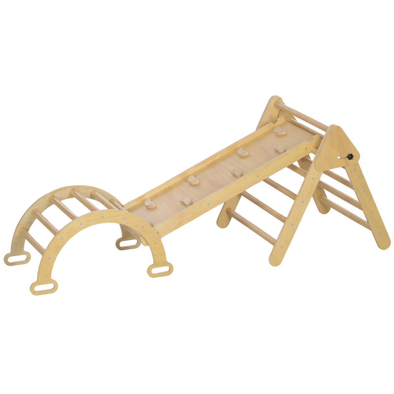 Aiyaplay triângulo de escalada de madeira 5 em 1 escada para enfants de 18-48 meses com rampa e arco de escalada para deslizar ou escalar 178x64,5x63 cm madeira