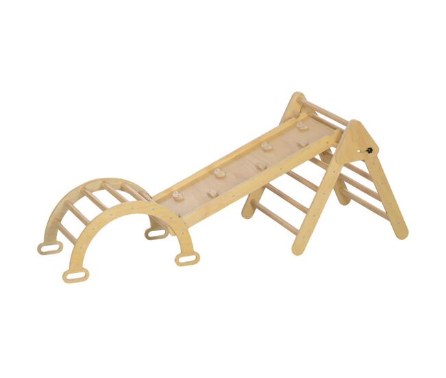 Aiyaplay triângulo de escalada de madeira 5 em 1 escada para enfants de 18-48 meses com rampa e arco de escalada para deslizar ou escalar 178x64,5x63 cm madeira