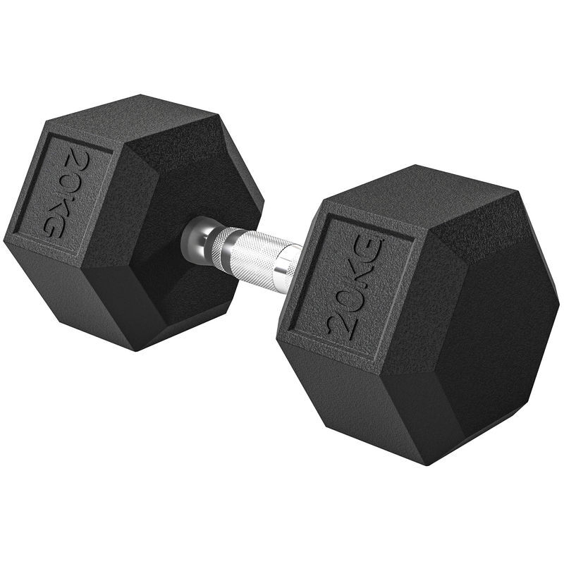 Homcom haltere hexagonal 20 kg de ferro fundido haltere de metal revestido de borracha com cabo para treino em casa ginásio e escritório preto e prata