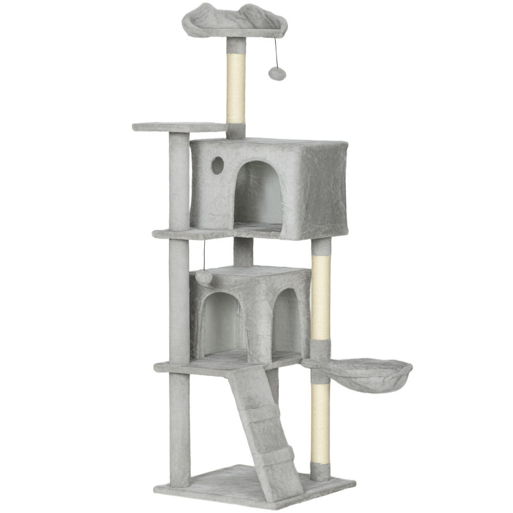 Pawhut arranhador para gatos 160 cm torre de escalada com múltiplas plataformas cama 2 cavernas rede escada postes de sisal bolas para brincar