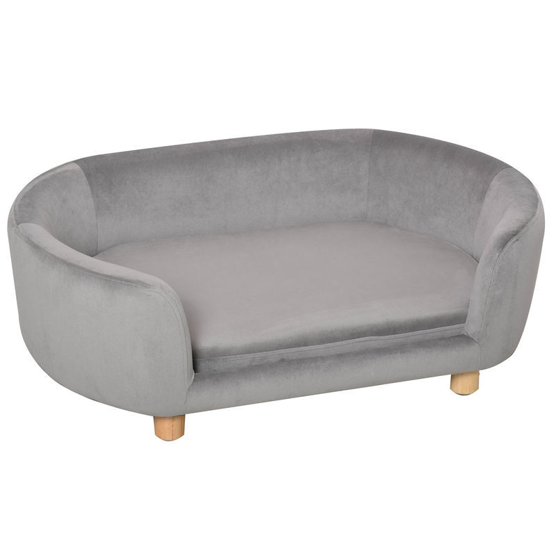 Pawhut sofá para cães pequenos cama elevada para cães com pés de madeira almofada removível e capa lavável carga 10 kg 86x55x33 cm cinzento claro