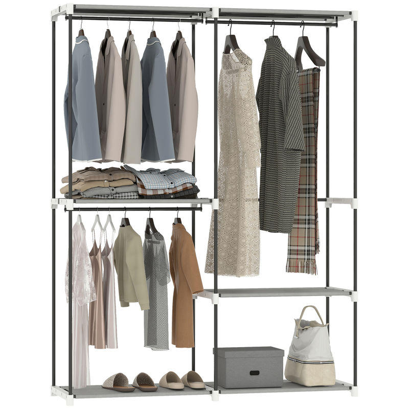 Homcom armário de roupa aberto 142x43x185 cm armário para roupas com 4 prateleiras de tecido 3 barras para pendurar e estrutura de metal para quarto sala closet cinzento