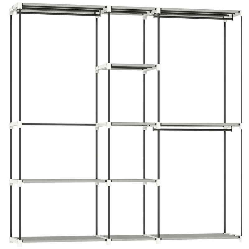 Homcom armário para roupas 182x43x185 cm armário aberto com 8 prateleiras de tecido barras para pendurar estrutura de metal para quarto sala vestiário