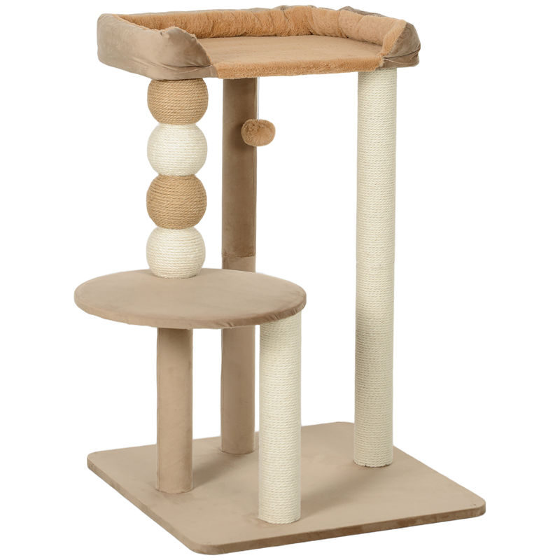 Pawhut arranhador para gatos altura 86 cm arranhador para gatos com estofado em borrego plataformas bola suspensa e poste de juta marrom