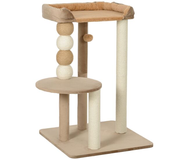 Pawhut arranhador para gatos altura 86 cm arranhador para gatos com estofado em borrego plataformas bola suspensa e poste de juta marrom