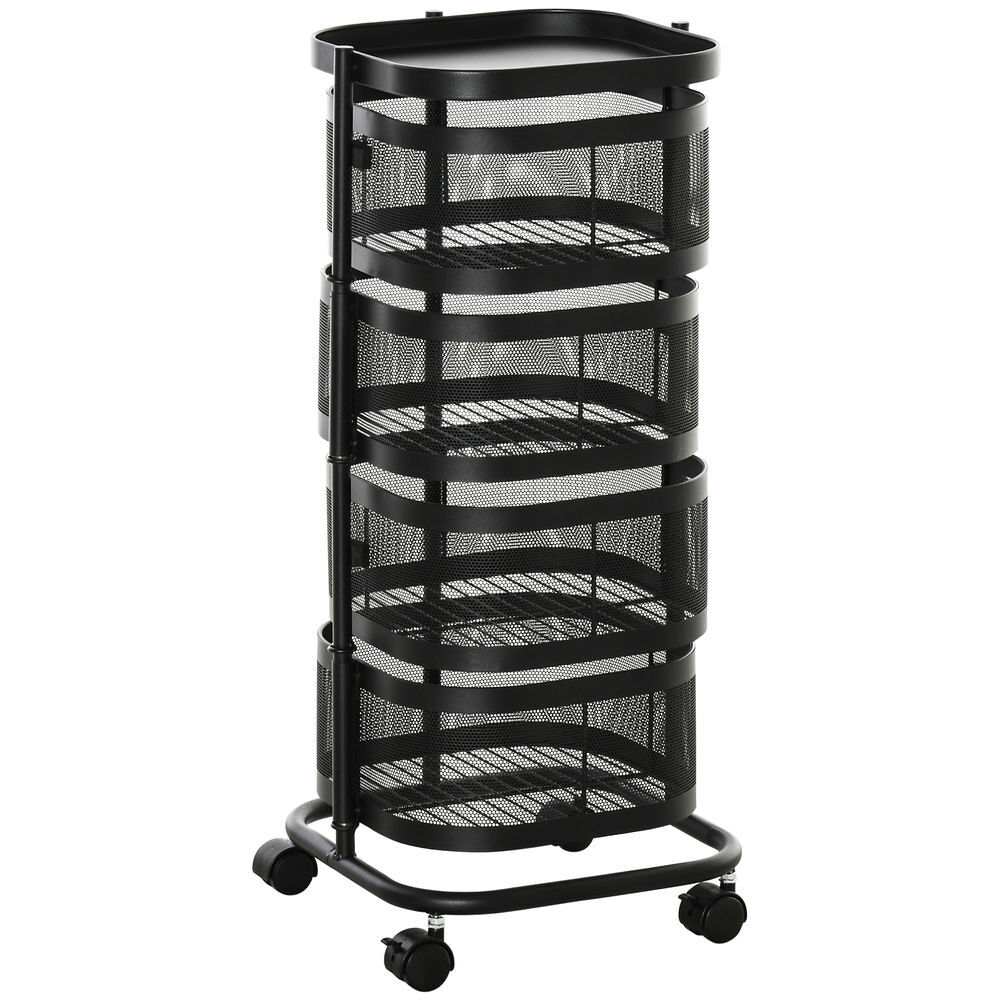 Homcom carrinho auxiliar com rodas de 5 níveis carrinho de cozinha com 4 cestas de armazenamento rotativas a 270° e prateleira superior para frutas legumes utensílios 33x33x77 cm preto