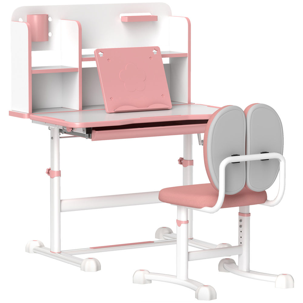 Aiyaplay conjunto de secretária e cadeira para enfants acima de 3 anos secretária infantil altura ajustável com tampo inclinável gaveta e étagères encosto acolchoado, para livros 80x55x107,5 cm rosa