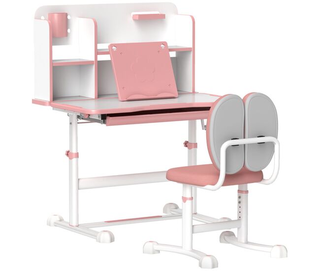 Aiyaplay conjunto de secretária e cadeira para enfants acima de 3 anos secretária infantil altura ajustável com tampo inclinável gaveta e étagères encosto acolchoado, para livros 80x55x107,5 cm rosa