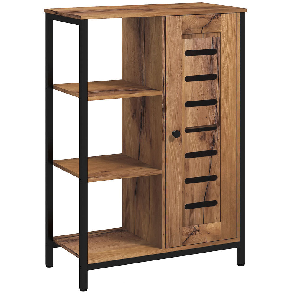 Kleankin Móvel Auxiliar Casa De Banho Estreito Armário De Casa De Banho Com Porta De Ripas E 3 Compartimentos Abertos Prateleira Ajustável Para Sala Quarto Entrada 60X30x85 Cm Rústico Castanho