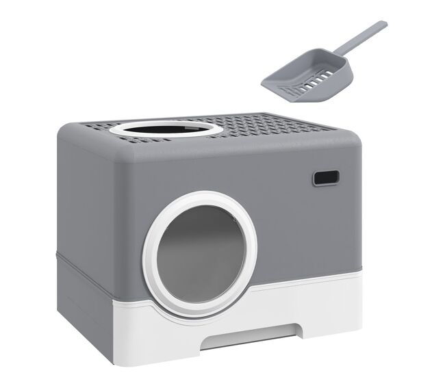Pawhut caixa de areia para gatos sanita para animais de estimação com pá bandeja removível 2 portas entrada frontal e saída superior 52x41x38,5 cm
