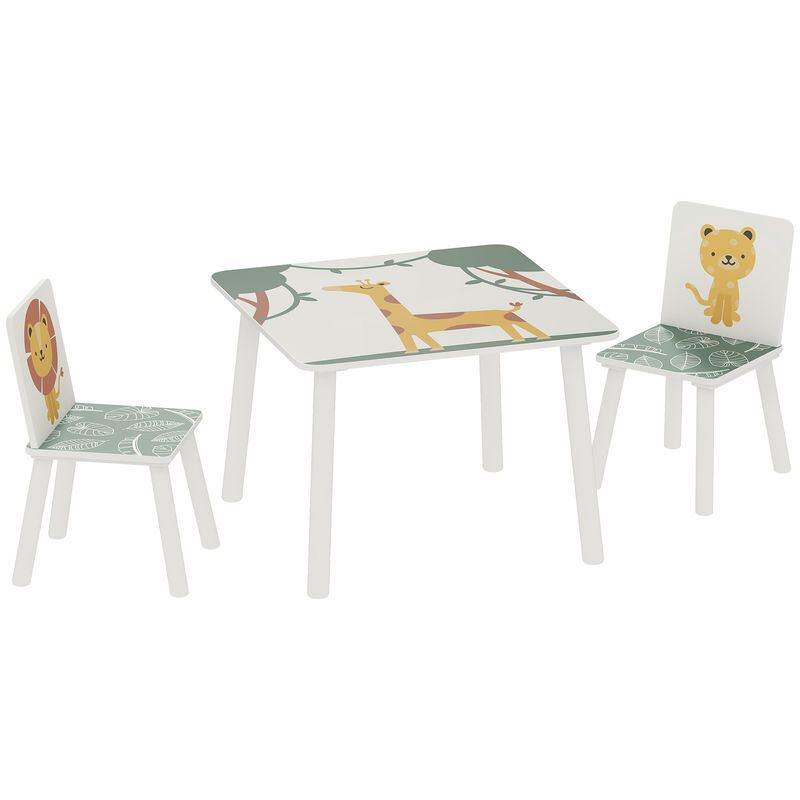 Aiyaplay mesa e cadeiras para enfants de 3 peças mesa infantil com 2 cadeiras em madeira conjunto de móveis com desenhos de leões para enfants acima de 3 anos para quarto sala de jogos verde
