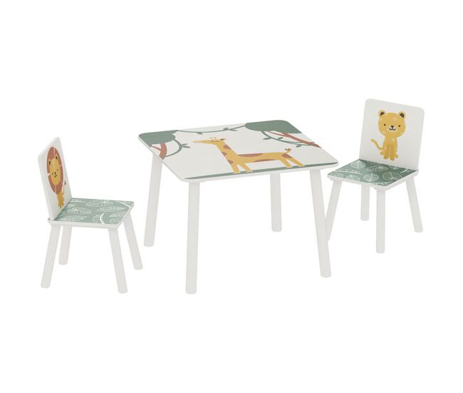 Aiyaplay mesa e cadeiras para enfants de 3 peças mesa infantil com 2 cadeiras em madeira conjunto de móveis com desenhos de leões para enfants acima de 3 anos para quarto sala de jogos verde