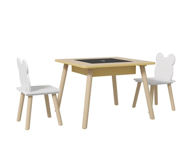 Aiyaplay conjunto de mesa e 2 cadeiras de madeira mesa infantil com cadeiras com encosto em forma de ursinho e compartimentos ocultos para crianças