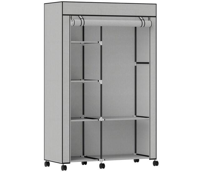 Homcom roupeiro de tecido dobrável armário de roupa portátil com 6 prateleiras 1 barra de pendurar e rodas para dormitório vestidor 103x43x162,5 cm