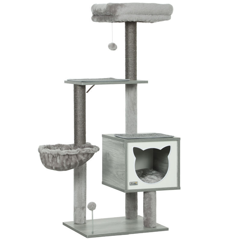Pawhut arranhador para gatos com plataforma altura 126 cm torre de escalar para gatos com rede caverna cama postes de sisal e bolas de brincar