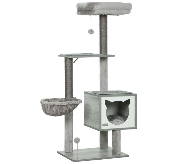 Pawhut arranhador para gatos com plataforma altura 126 cm torre de escalar para gatos com rede caverna cama postes de sisal e bolas de brincar