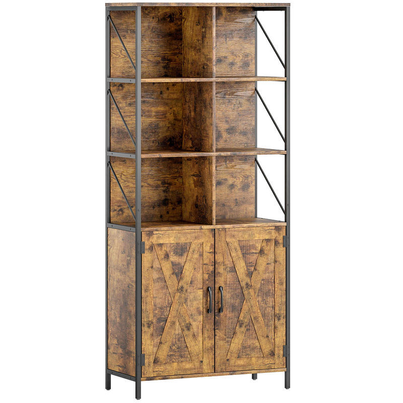 Homcom estante de 6 níveis estante de livros com 6 compartimentos abertos 2 portas e prateleira ajustável estilo industrial para sala escritório