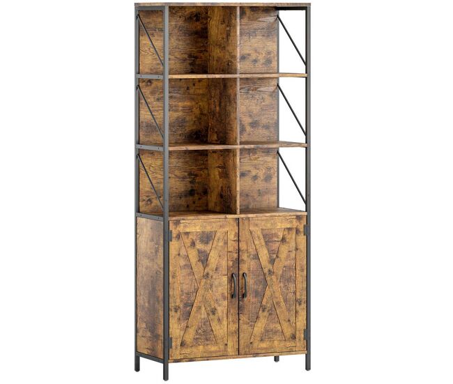 Homcom estante de 6 níveis estante de livros com 6 compartimentos abertos 2 portas e prateleira ajustável estilo industrial para sala escritório