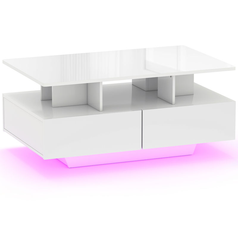 Homcom mesa de centro moderna com led mesa de centro com 4 gavetas étagère aberta e luzes led de 16 cores para sala de estar 90x55x41 cm blanc brilhante