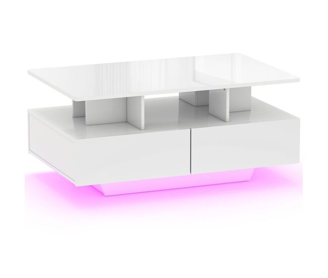 Homcom mesa de centro moderna com led mesa de centro com 4 gavetas étagère aberta e luzes led de 16 cores para sala de estar 90x55x41 cm blanc brilhante