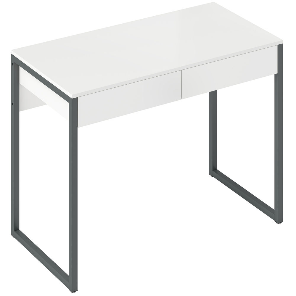 Homcom secretária com 2 gavetas 100x50x75 cm mesa de computador com estrutura de aço para casa escritório espaços pequenos branco brilhante