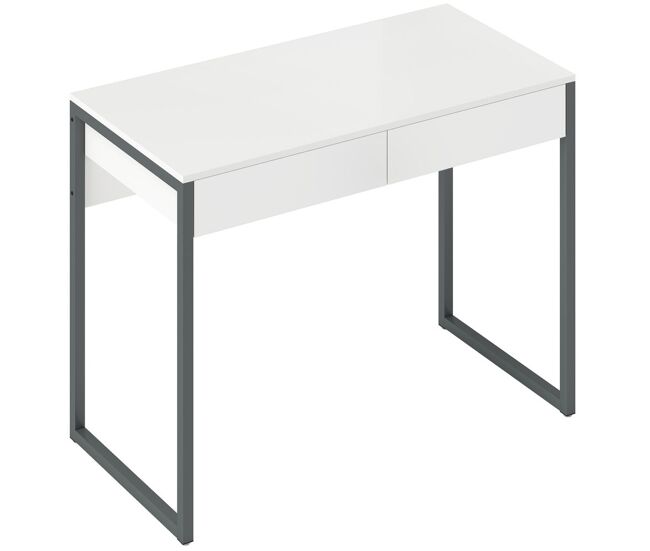 Homcom secretária com 2 gavetas 100x50x75 cm mesa de computador com estrutura de aço para casa escritório espaços pequenos branco brilhante