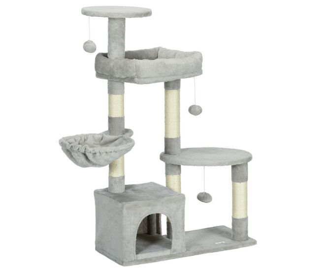 Pawhut arranhador para gatos altura 104 cm arranhador para gatos torre de escalada com postes arranhadores de sisal cova plataformas e bolas suspensas
