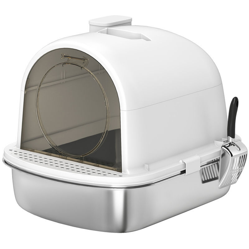 Pawhut caixa de areia para gatos em aço inoxidável com tampa caixa de areia com bolsa desodorizante e pá fácil de limpar 52,4x41,3x39,9 cm branco