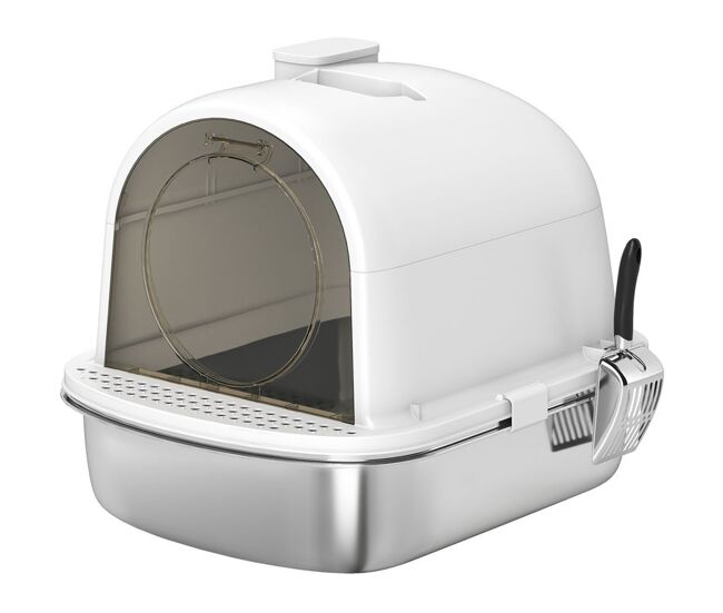 Pawhut caixa de areia para gatos em aço inoxidável com tampa caixa de areia com bolsa desodorizante e pá fácil de limpar 52,4x41,3x39,9 cm branco