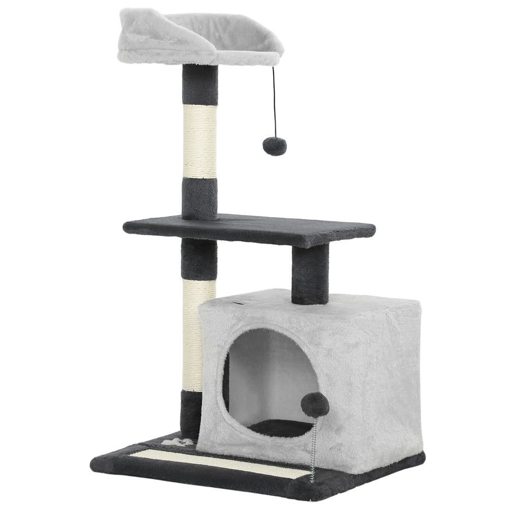 Pawhut arranhador para gatos com altura de 85 cm torre de escalada com plataformas caverna postes arranhadores tapete de sisal e bolas cinzento claro
