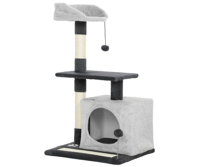 Pawhut arranhador para gatos com altura de 85 cm torre de escalada com plataformas caverna postes arranhadores tapete de sisal e bolas cinzento claro