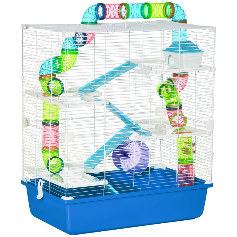 Pawhut gaiola para hámster grande 59x36x69cm gaiola para roedores com 4 plataformas tubos comedouro bebedouro 4 rampas roda de exercícios e 2 alças