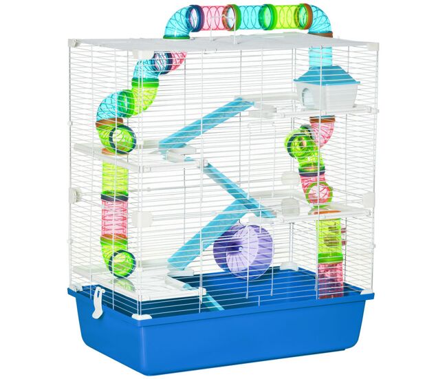 Pawhut gaiola para hámster grande 59x36x69cm gaiola para roedores com 4 plataformas tubos comedouro bebedouro 4 rampas roda de exercícios e 2 alças