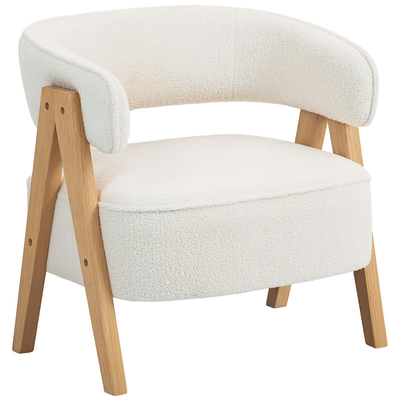 Homcom poltrona de sala de estar estofada em borreguito poltrona de leitura almofadada e moderna assento largo pés de madeira e encosto curvo para quarto escritório 70x64x71 cm blanc