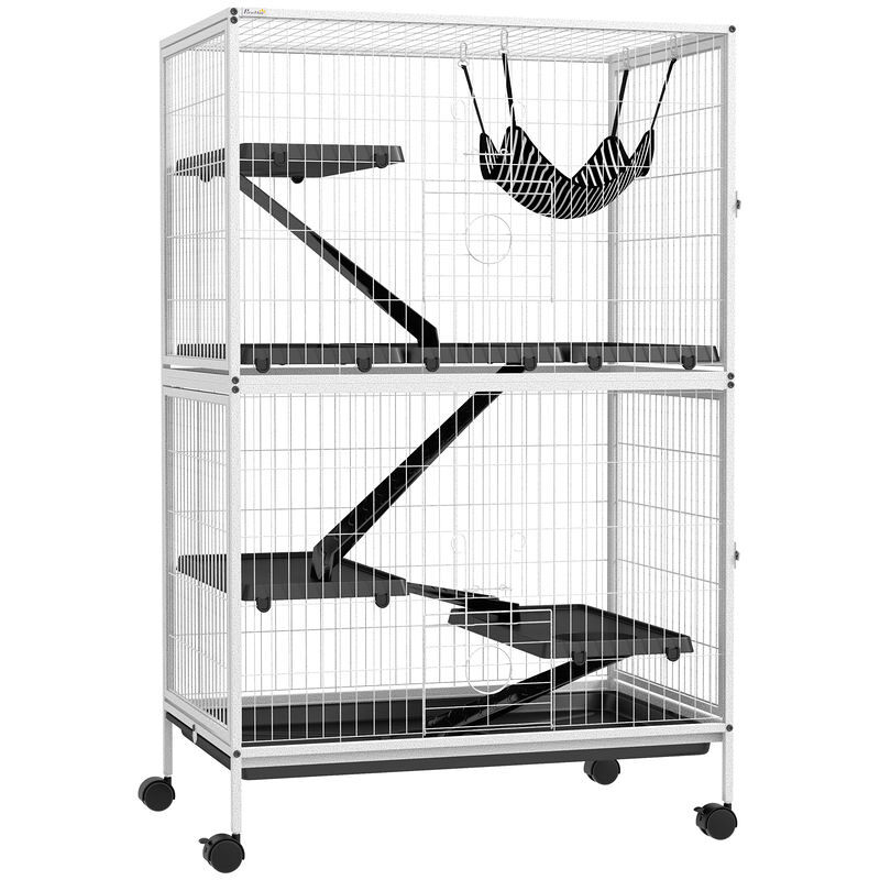 Pawhut gaiola para roedores 80x52x128 cm casa de 4 alturas com rampas suspensa rede bandeja removível rodas portas branco rajado e preto