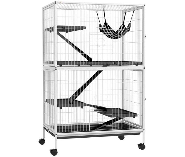 Pawhut gaiola para roedores 80x52x128 cm casa de 4 alturas com rampas suspensa rede bandeja removível rodas portas branco rajado e preto