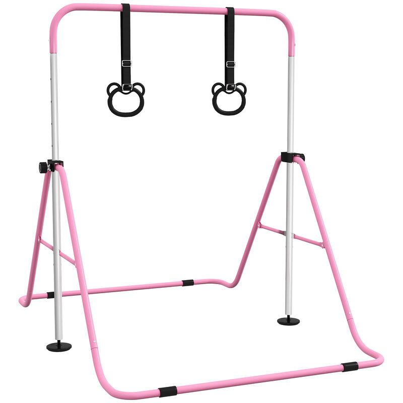 Homcom barra de ginástica para crianças com altura ajustável em 5 níveis e anéis barra de treino de ginástica dobrável 148x105x88-128 cm rosa